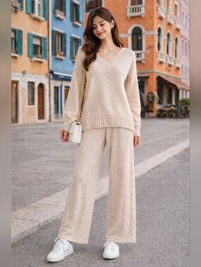 Winter Twist Knitted Wide Leg Pants Set
